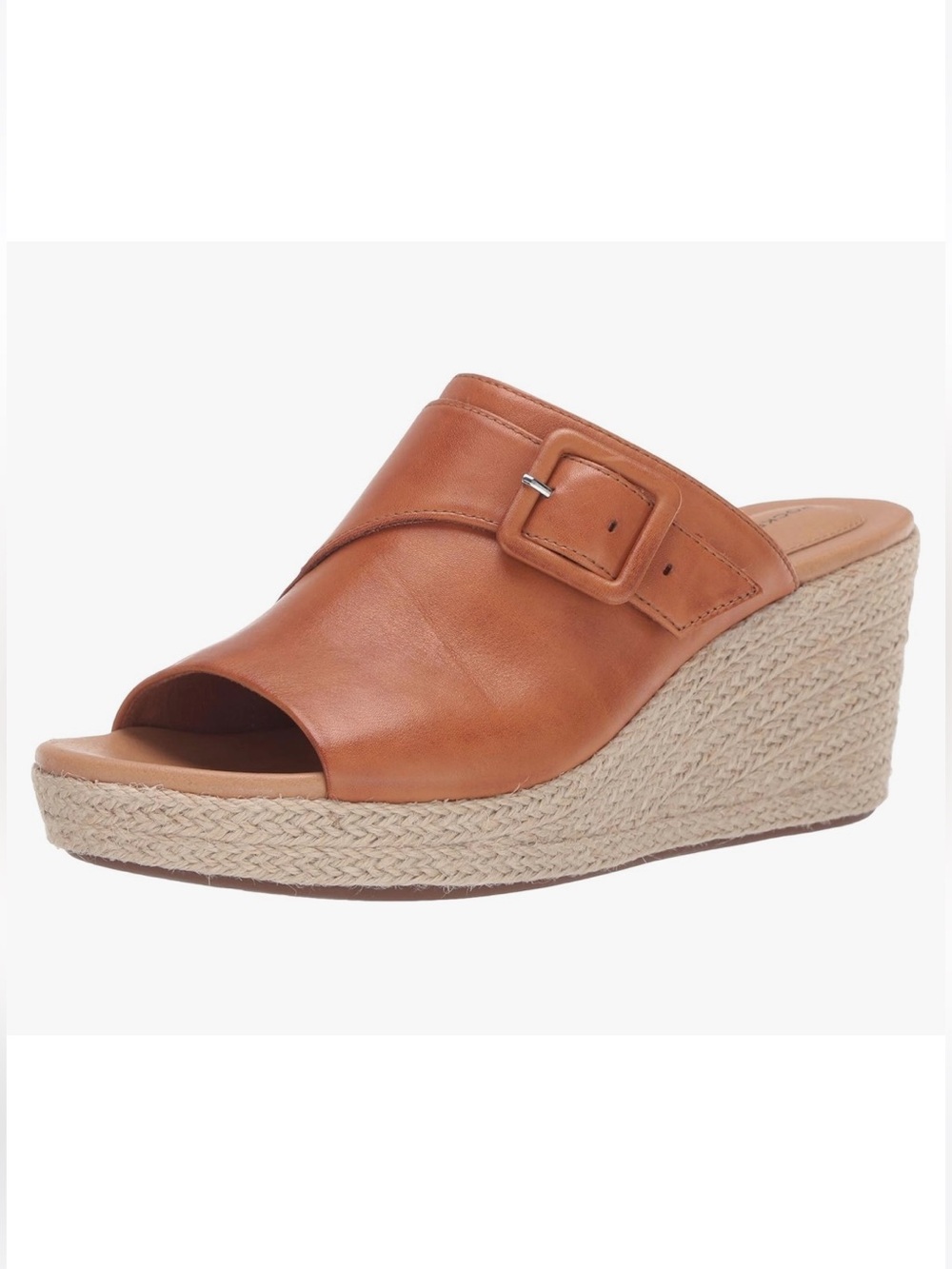 Rockport Lyla Buckle Slide Leather Wedge Sandal Woven Heel Cognac Women Size 9
